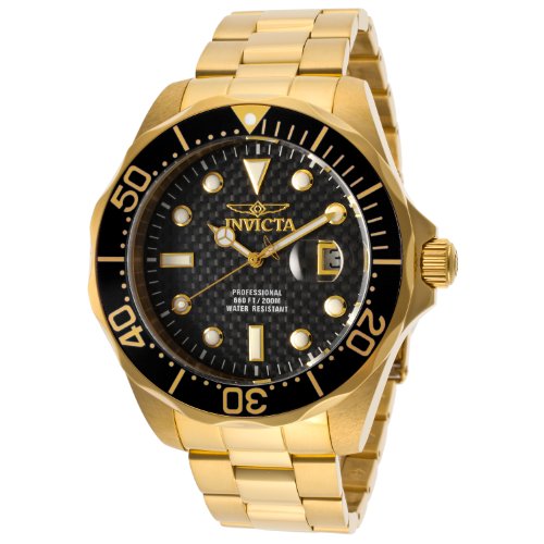 Invicta Men's 14356 Pro Diver Black Carbon Fiber Dial 18k Gold Ion-Plated Stainless Steel Watch  $79.99 (90%off)