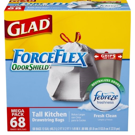 Glad ForceFlex OdorShield防破裂防臭垃圾袋，13加侖款，68個裝，原價$14.47，現僅售$10.83，免運費
