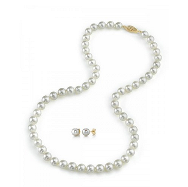 14K Gold White Freshwater Cultured Pearl Necklace & Matching Earrings Set, 17
