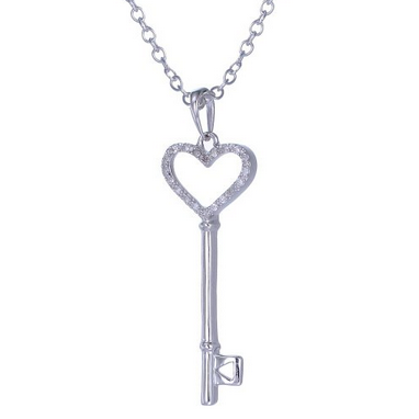 Sterling Silver Diamond Key Pendant (1/8 CT) With 18