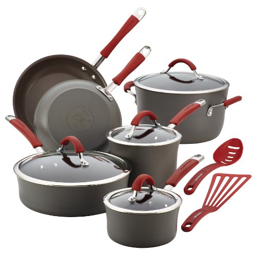 Rachael Ray Cucina Hard-Anodized Nonstick 12-Piece Cookware Set, Gray with Cranberry Red Handles, only $118.99, free shipping