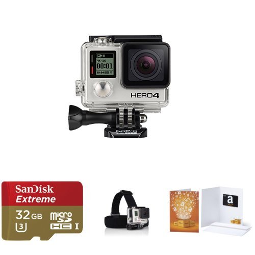 節日套裝，最新款！GoPro HERO4 運動攝像機，黑色旗艦版，支持4K視頻拍攝，現僅售$499.99，免運費。贈送32GB快閃記憶體卡、頭帶和$50購物卡