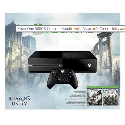 Shop Now! Posted 1 hr ago $349.99 + $70 Gift Card Xbox One 500GB Console Bundle with Assassin's Creed Unity and Black Flag