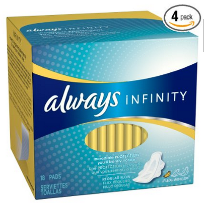 Always Infinity with Flex Foam带护翼卫生巾,普通流量,18片(四包),原价$23.99,现点击coupon后仅$7.84免运费！