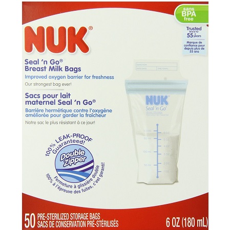 史低價！NUK 雙拉鏈密封設計母乳儲藏袋 180ML，50個裝，原價$12.79，現僅售	$3.86