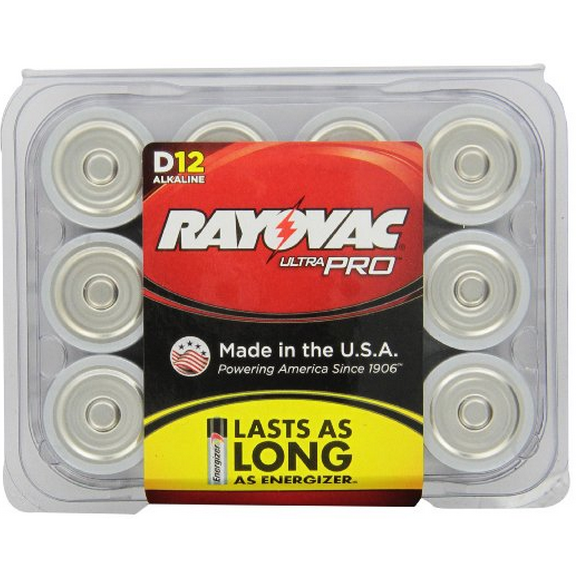 Rayovac Alkaline D Batteries, 12-Pack with Recloseable Lid (ALD-12)，$9.53