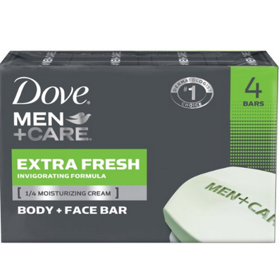 Dove 多芬男士身体护理和脸部香皂(4盎司)4支装，原价$10.36，现点击coupon后仅$3.24 免运费！