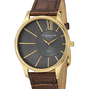 Stuhrling Original Men's 553.3335K54 Classic Cuvette SD 23k Yellow Gold-Plated Stainless Steel and Brown Leather Strap Watch $66.50