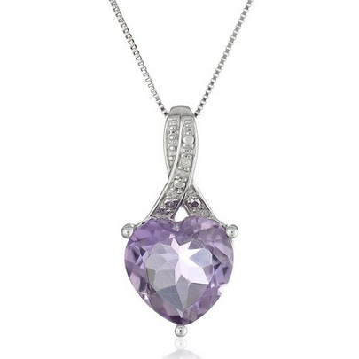 10k White Gold Amethyst and Diamond Heart Pendant Necklace , 18