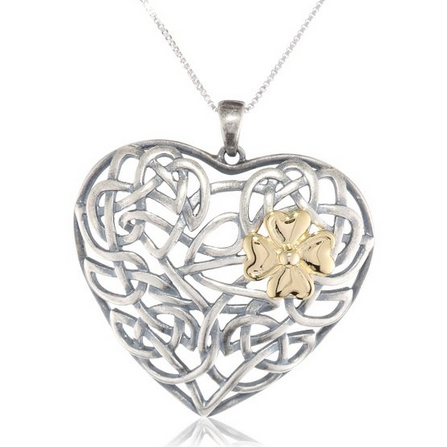 18k Yellow Gold Plated Sterling Silver Two-Tone Oxidized Celtic Heart Knot and Clover Pendant Necklace, 18