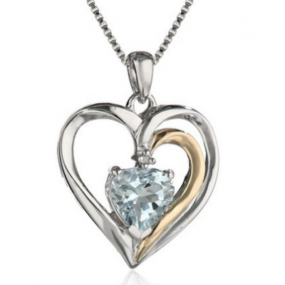 Sterling Silver and 14k Gold Aquamarine and Diamond Heart Pendant Necklace (.007 cttw, I-J Color, I2-I3 Clarity), 18