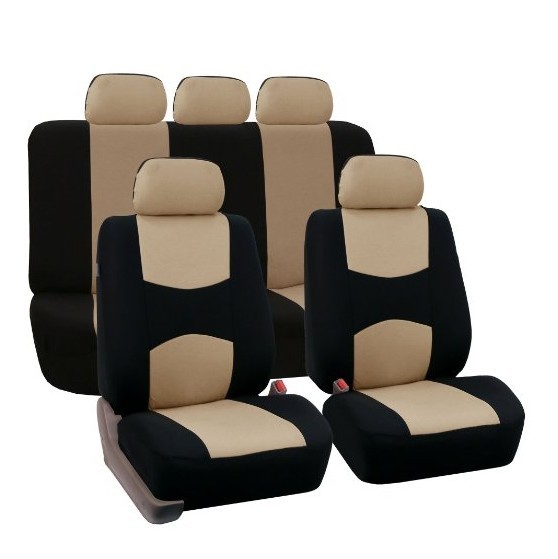FH-FB051115 Multifunctional Flat Cloth Car Seat Covers Airbag compatible and Split Bench, Beige / Black color for $28.79