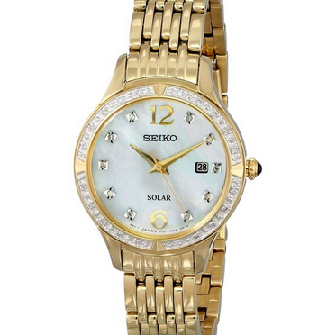 史低價！SEIKO 精工 SUT094 女士鑲鑽珍珠母貝錶盤太陽能時尚腕錶 原價$495.00 現特價只要$137.23(72%off)包郵