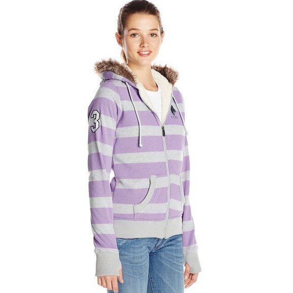 U.S. Polo Assn. Women's Striped Fleece Hooded Jacket with Colored Sherpa Lining for $17.52