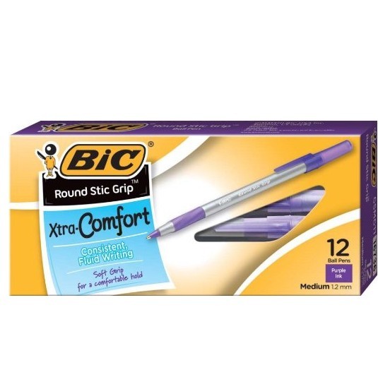BIC Round Stic Grip Xtra Comfort Ball Pen, Medium (1.2 mm), Purple, 12-Count for $2.09
