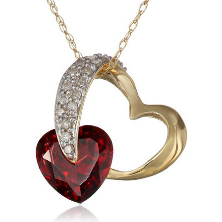 10k Yellow Gold Diamond and Garnet Heart-Shaped Pendant Necklace (1/10 cttw, I-J Color, I2-I3 Clarity), 18
