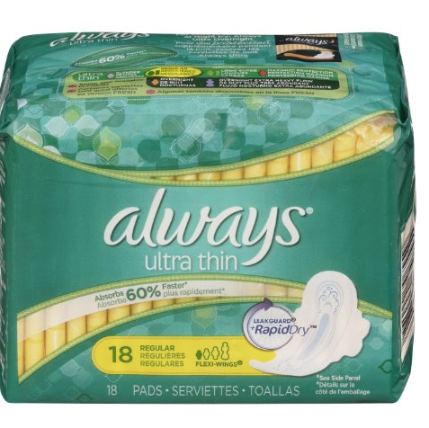 Always Ultra Thin Unscented Pads with Wings, Regular, 18 Count for$2.84 free shipping 