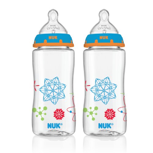  NUK 寬口徑防脹氣彩色奶瓶，10oz款，2個裝，原價$12.99，現點擊coupon后僅售$6.33