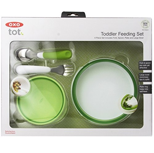 OXO Tot 4-Piece 嬰幼兒寶寶叉 勺 微波盤 密封碗餐具套裝組合，現僅售 $19.99。四種顏色同價！