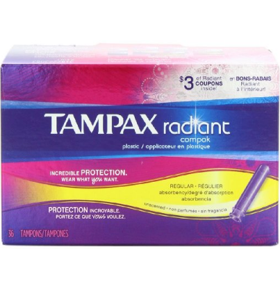 Tampax Radiant卫生棉条（36个装），Regular Absorbency，原价$8.40，现点击coupon后仅$3.88 免运费！