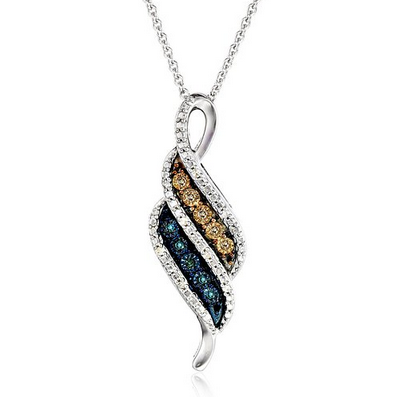 Sterling Silver Champagne Blue and White Diamond Flame Pendant Necklace, 18
