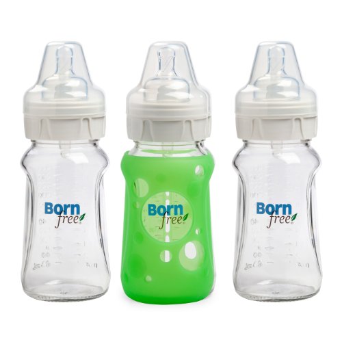 大降！史低價！Born Free 寬口防脹氣玻璃奶瓶，帶有硅膠奶瓶套，9oz，3個裝，原價$29.99，現僅售$12.99  。可直郵中國