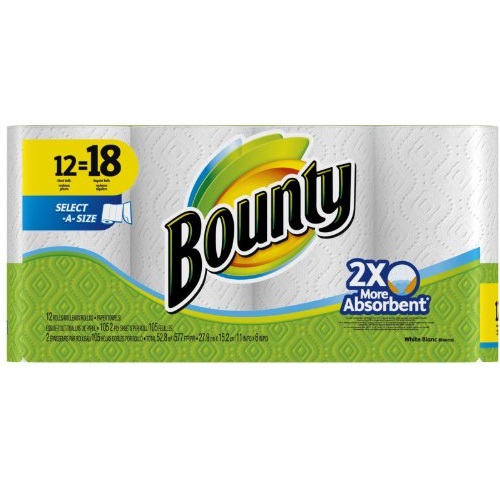 Bounty 超大卷厨房纸，白色，Select-A-Size，12卷，原价$22.99，现仅售$19.89