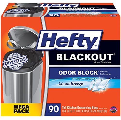 Hefty BlackOut Tall Kitchen Drawstring Trash Bags, Clean Breeze, 13 Gal (90 Count) $9.59, free shipping