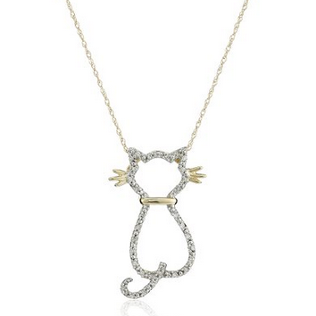 10k Yellow Gold Diamond Cat Pendant Necklace (.085 cttw, I-J Color, I2-I3 Clarity), 18