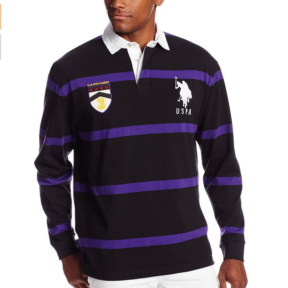 U.S. Polo Assn. Men's Long Sleeve Stripe Rugby Polo with Patch and Big Pony Logo $12.98