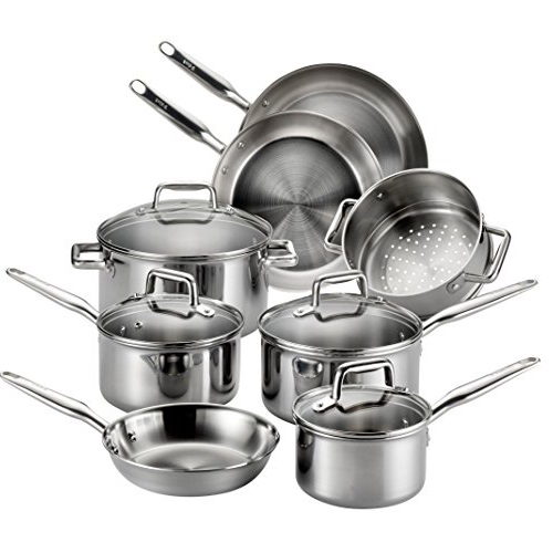 T-fal E469SC Tri-ply Stainless Steel Multi-clad Dishwasher Safe Oven Safe Cookware Set, 12-Piece, Silver, only $101.59, free shipping