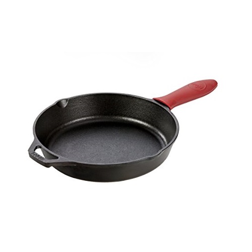 Lodge L8SK3ASHH41B Pre-Seasoned Cast Iron Skillet with Red Silicone Hot Handle Holder, 10.25