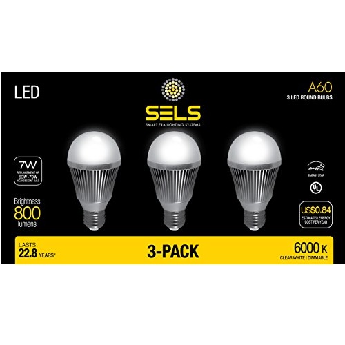 SELS LED, Led light bulb, Ul Certified, A19 LED Bulb, A60, High Performance Cree Led Bulb, Day Light, 6000k, 7 Watts, 800 Lumens, 60 Watt Incandescent Bulb Replacement, E27 Base, Frosted Cover, 120v AC, Dimmable LED Bulbs (3 Pack), only 5.99after using coupon code 
