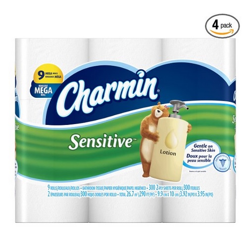 史低價！Charmin 敏感肌膚 廁所衛生紙，9 Mega卷/包，共4包，原價$54.34，現僅售$36.06，免運費