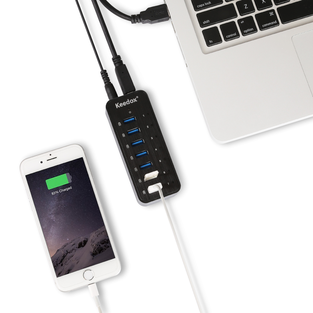 Keedox High Speed USB 3.0 BC 1.2 60W 7 Port Charging and Data HUB, Each Port up to 5V 2.4A, for iPhone and iPad, Samsung Galaxy phones and other Android Phones  $39.99 