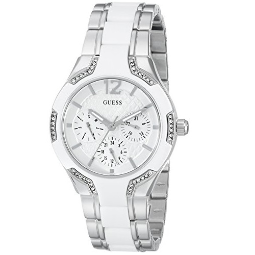 GUESS Women's U0556L1 Mid-Size Stainless Steel & White Multi-Function Watch with Day, Date, 24 Hour Int'l Time & Genuine Crystals,only $83.05, free shipping