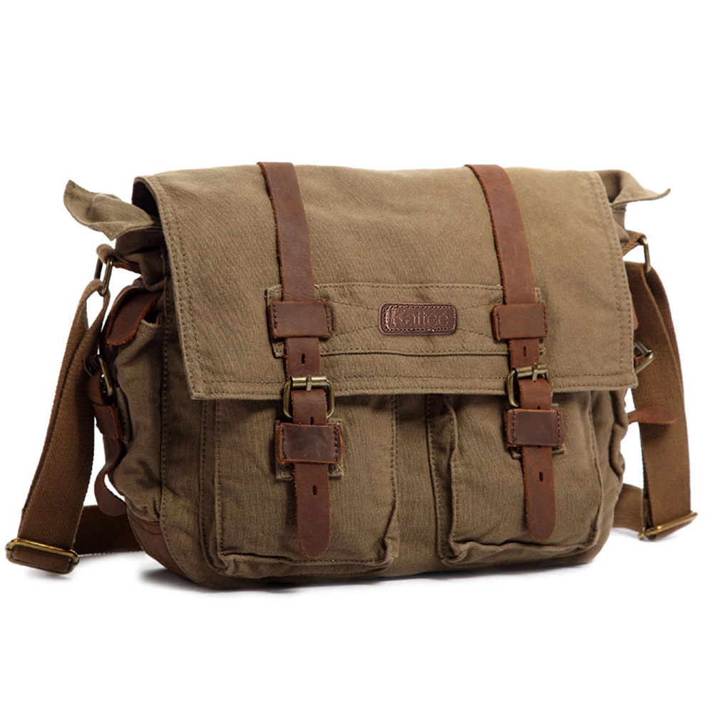 Kattee Military Canvas Shoulder Messenger Bag Leather Straps Fit 16