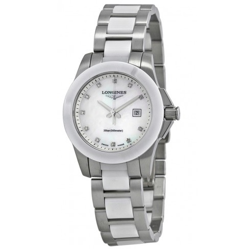 Jomashop：LONGINES浪琴Conquest系列  L32574877珍珠貝母錶盤 鑲鑽女士時裝腕錶，原價$1,750.00，現使用折扣碼后僅售$779.00，免運費
