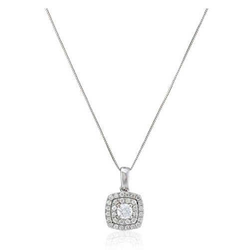 10k White Gold Cushion Shape Halo Diamond Pendant Necklace (1/2 cttw, H-I Color, I1-I2 Clarity), 18