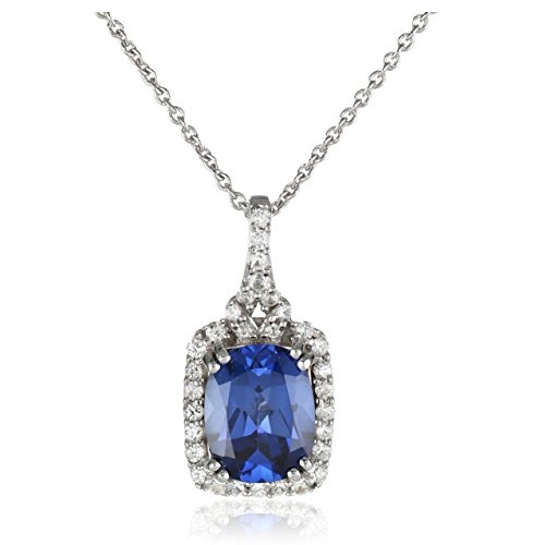 Amazon Collection Sterling Silver Cushion Cut Created Ceylon Sapphire and Created White Sapphire Pendant Necklace, 18