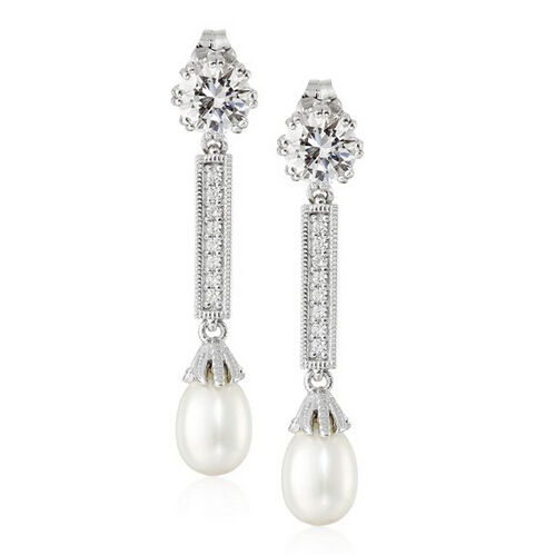 Platinum Plated Sterling Silver Cubic Zirconia Freshwater Cultured Pearl Drop Earrings $12.78