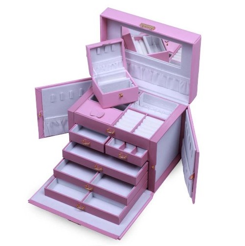 SHINING IMAGE HUGE PINK LEATHER JEWELRY BOX / CASE / STORAGE / ORGANIZER WITH TRAVEL CASE AND LOCK, only $39.98, free shipping