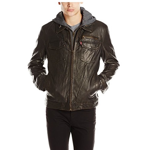 Levi's Men's Faux-Leather Two-Pocket Trucker Hoodie Jacket with Sherpa Lining, only$24.66