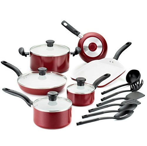 T-fal C914SG Initiatives Ceramic Nonstick PTFE-PFOA-Cadmium Free Dishwasher Safe Oven Safe Cookware Set, 16-Piece, Red, only $99.99, free shipping