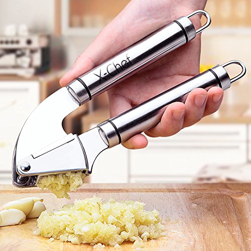 Stainless Steel Garlic Press, X-Chef Premium Peeling Press Mince & Roller, Best Silicone Tube Garlic Peeler - Crush Garlic Cloves & Ginger with Ease, only $6.69 