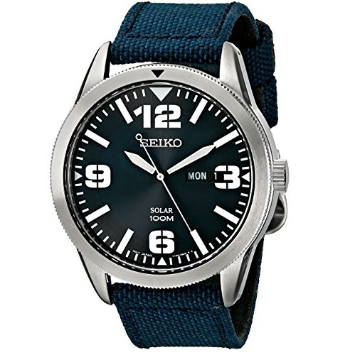 Seiko Men's SNE329 Sport Solar-Powered Stainless Steel Watch with Blue Nylon Band, only $63.69, free shipping