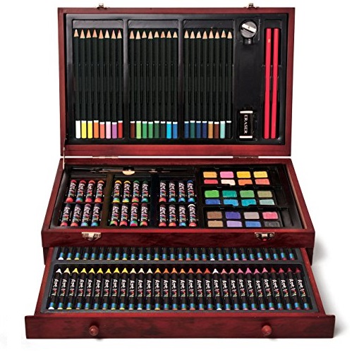 Art 101 Doodle and Color 142 Pc Art Set in a Wood Carrying Case, Includes 24 Premium Colored Pencils, A variety of coloring and painting mediums: crayons, oil pastels, watercolors;   only $19.97