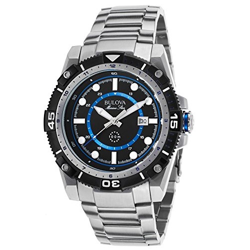 Bulova Men's Marine Star Stainless Steel Black Dial Blue Accent, only $89.99, free shipping