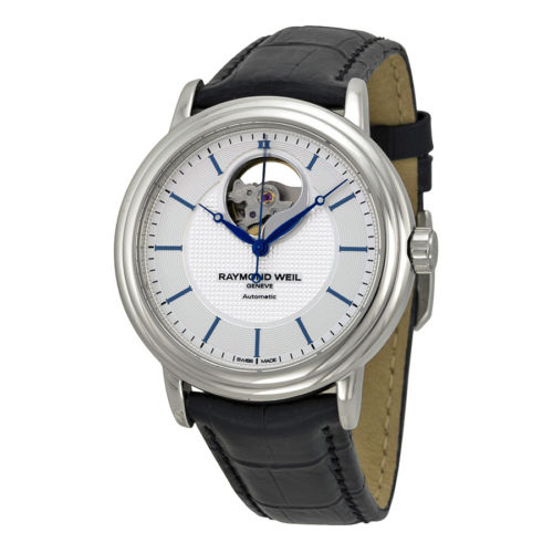 Raymond Weil Maestro Silver Dial Black Leather Mens Watch 2827-STC-65001, only $589.99, free shipping
