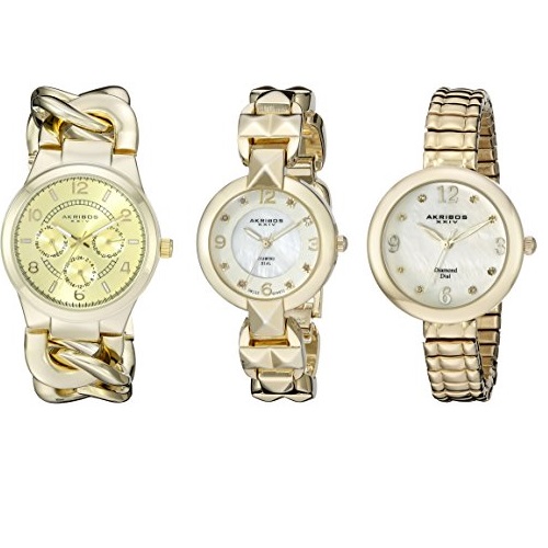 比闪购价还低！Akribos XXIV 阿克波斯 AK907YG  金色女士腕表，3块手表， 原价$695.00，现仅售$56.42，免运费